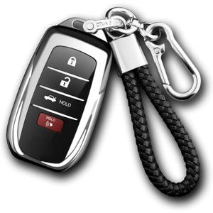 Compatible with Toyota Key Fob Cover with keychain,Key Shell Case for 2025 Camry 2021-2025 Venza,RAV4 Prime,Sienna, 2019-2025 Land Cruiser,Fortuner,Mirai, 2023-2025 Highlander,Prius,Collora-Silver