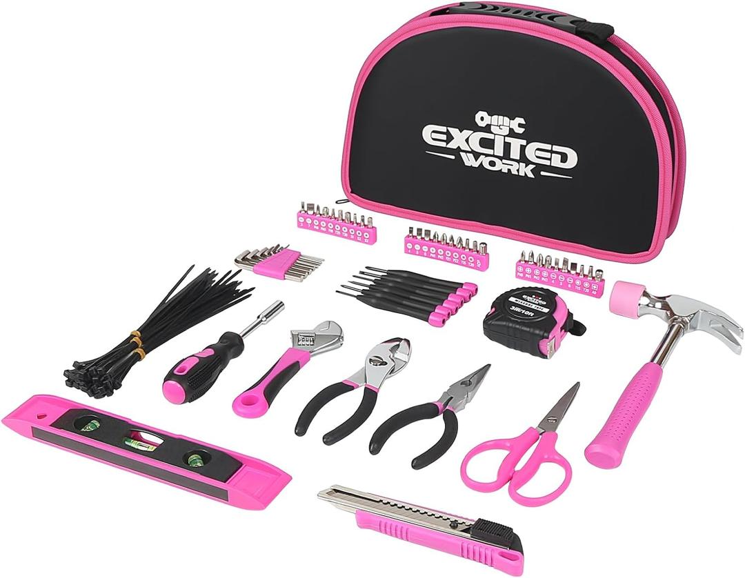 89 Piece Pink Tool kit, Ladies Hand Tool Set with Easy Carrying Round Pouch Household Tool Kit Perfect for DIY, Home Maintenance and Dorm Repair
