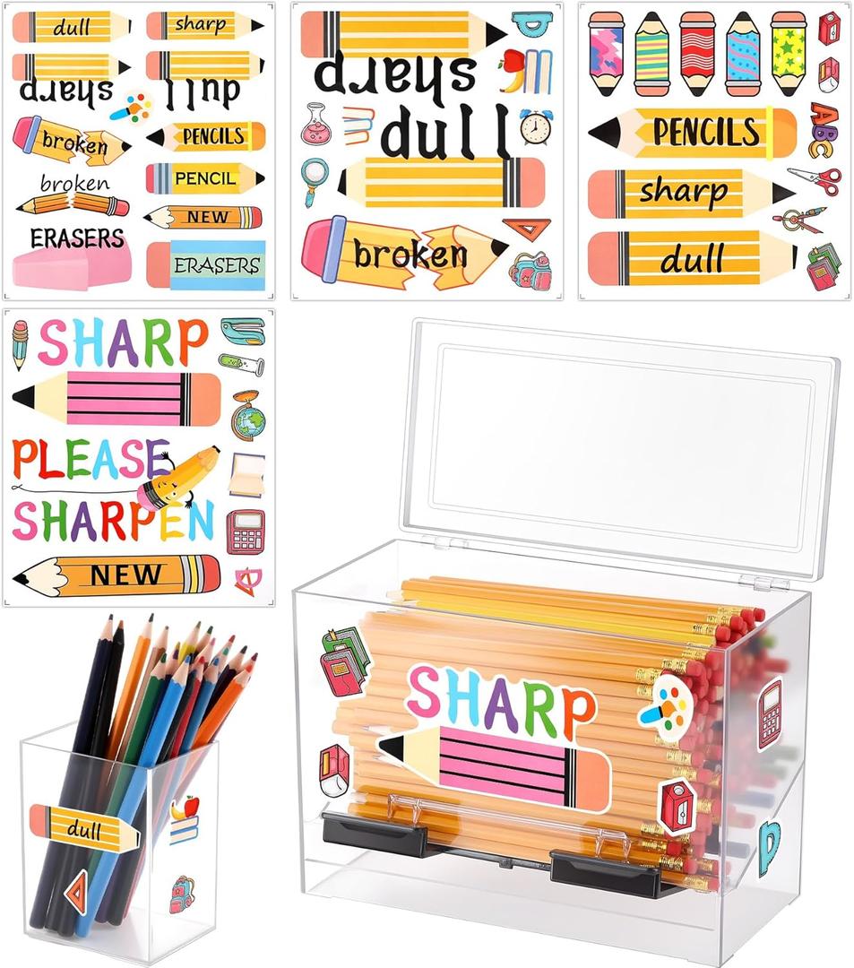 Sherr 2 Pcs Acrylic Pencil Dispenser Sharp and Dull Pen Holder for Classroom with 4 Stickers Transparent Straw Pen Bucket Dispenser Holder for Pencils Storage Home Office Teachers Classroom Supplies