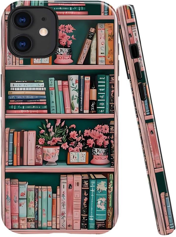Case Compatible with iPhone 11,Fall Prevention Bright Hybrid 2-Layer Hard Shell Phone Case for Girls Boys,Floral Bookshelf Retro Pink