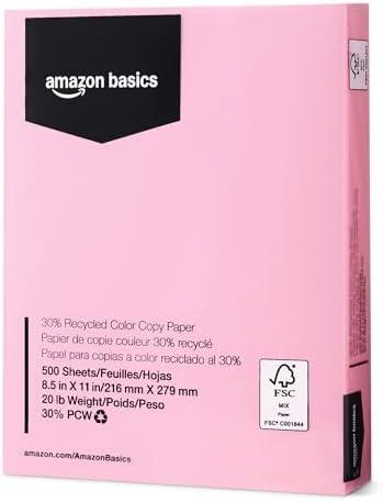 Amazon Basics 30% Recycled Color Copy Paper, 8.5" x 11", 20lb, 500 Sheets, Pastel Pink