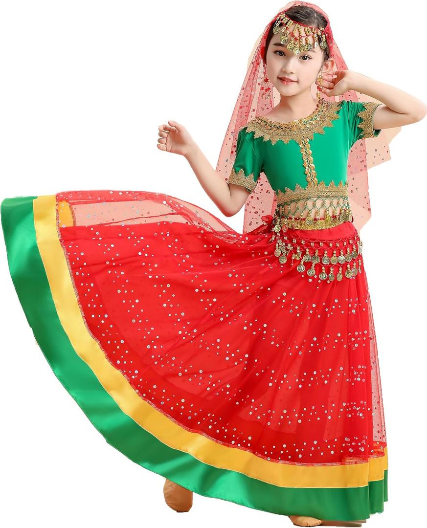 Belly Dance Dress Girls Indian Bollywood Halloween Costume Chiffon Skirts Shiny Belly Dance Suits 4-Piece Outfit (11-13 Years, A-green + Red)