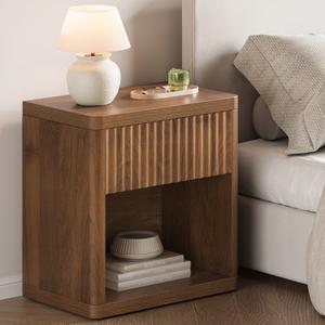 Curlaky Night Stand Fluted Nightstand with Drawers, Wood Bedside Table End Tables, Large Storage Nightstands, Mid Century Modern Night Stands for Bedroom, Walnut