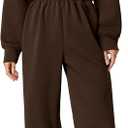 QINSEN Women's AirCotton Long-Sleeve Half-Zip High Waisted Wide Leg Jumpsuit with Peckets (Medium, Brown)