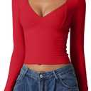 QINSEN Women's Long Sleeve V Neck T Shirts Double Lined Crop Top Seamed Cup Going Out Tops (X-Large, Red)