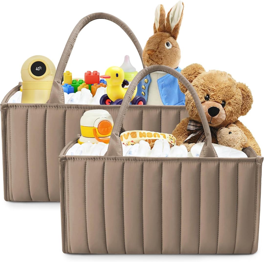 SWEET DOLPHIN 2-Pack Quilted Diaper Caddy Organizer Premium Puffer Style Nursery Storage Bins Water-Resistant & Wipeable Changing Table Organizer Trendy Tote for Home & Car Travel - Mocha Brown
