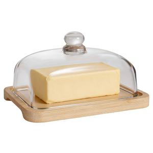 RingsTown Butter Dish with Lid, Featuring a Glass Lid with Handle, Bamboo Base, Ideal for Serving Small Snacks, Cakes, and Dry Cheese. Ideal for Kitchen, for Countertop/Dining Table.
