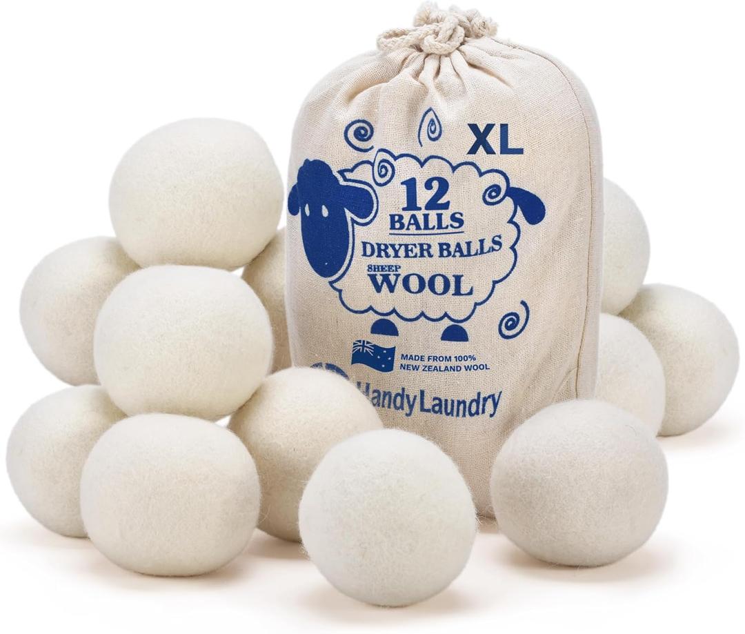 Handy Laundry Wool Dryer Balls - Natural Fabric Softener, Reusable, Reduces Clothing Wrinkles and Saves Drying Time, Better Alternative to Plastic Balls and Liquid Softener (Pack of 12)