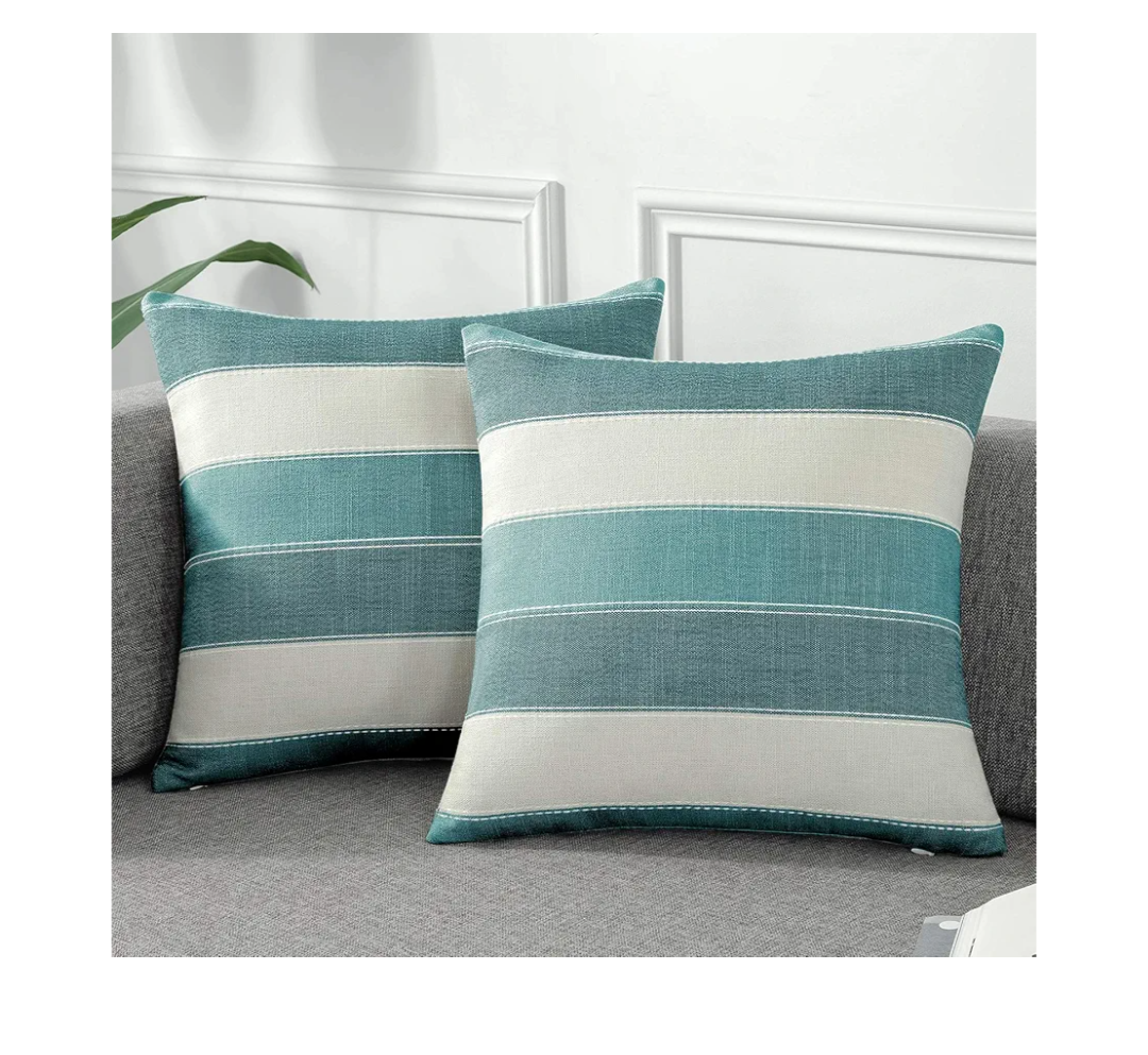 AmHoo Pack of 2 Farmhouse Stripe Check Throw Pillow Covers Set Case Cotton Linen Decorative Pillowcases Cushion Cover for Couch Bench Sofa 18x18 Inch Teal Blue