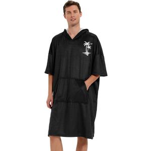 KFUBUO Surf Poncho Mens Towel Robe with Hood Changing Towel Poncho Adult Terry Cloth Swim Towels Quick Dry for Swimmers (Black Plam Tree)