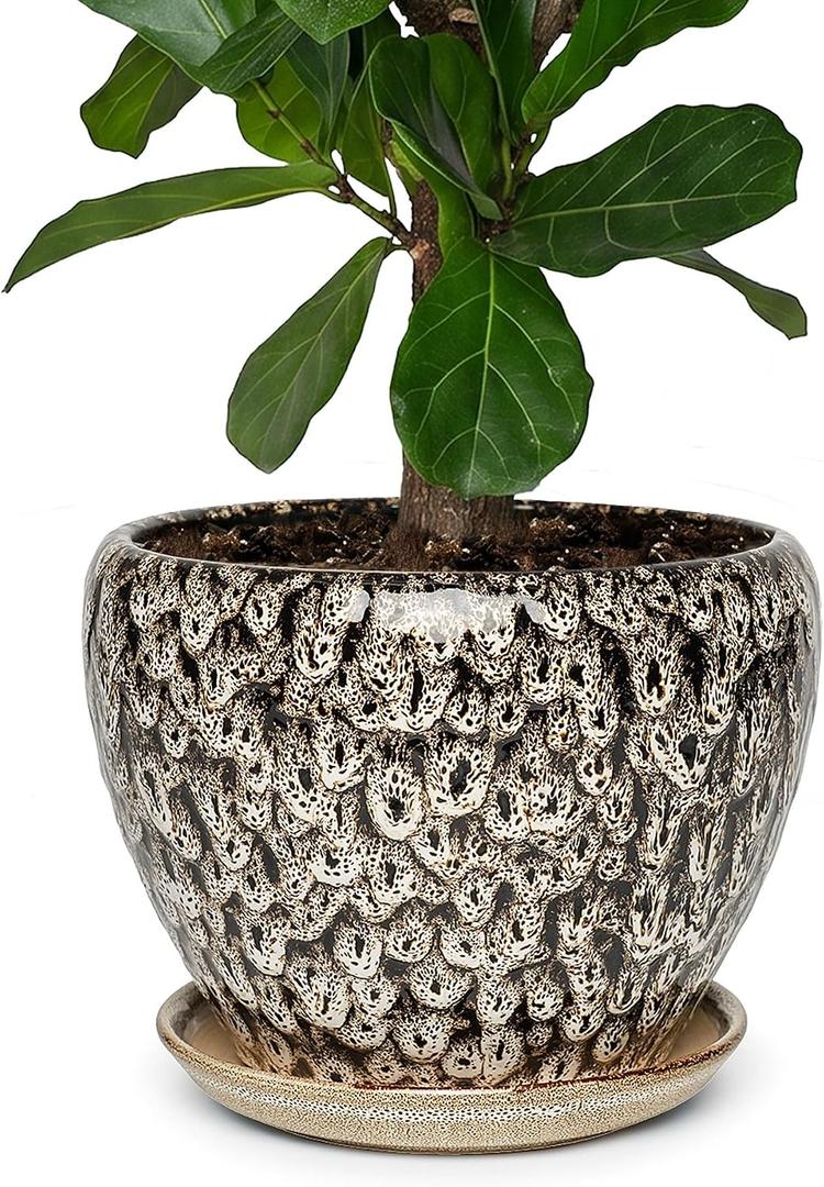 11 Inch Ceramic Plant Pot with Drainage Hole Mesh Net, Large Gardening Pots for Indoor Plants with Saucer, Speckle White