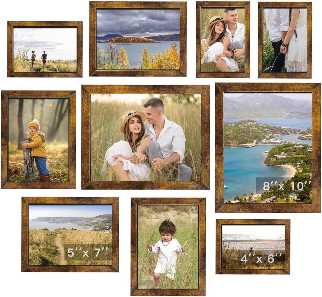 Gallery Wall Frame Set, Picture Frames Collage Wall Decor 10 Pcs, Picture Frame Set for Wall Mounting or Tabletop Display, Multi Sizes Including 8x10, 5x7, 4x6 Family Photo Frames,Rustic Brown