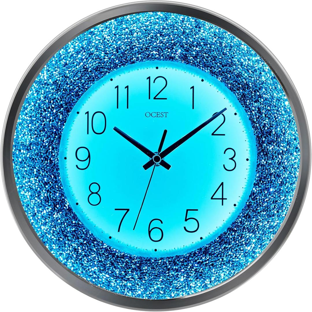OCEST 12 Inch Wall Clocks Crushed Diamond Night Light, Silent LED Sparkle Glow in The Dark Decorative Large Display Clock for Bedroom, Living Room, Kitchen - Blue