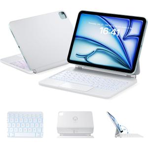 HOU Magnetic Keyboard Case for iPad Air 13/Pro 12.9, Wider 135 Adjustable Tilt, Smooth AG-Glass Touchpad, 12 Shortcut Key Combinations, 7-Color Backlight, Deeper 1.3mm Key Travel, Bluetooth, White