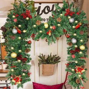 Christmas Garland with Lights, 9ft Pre-Lit Christmas Wreath with 50 Warm White Lights, 8 Lighting Modes, Artificial Pine Battery Operated Garland for Fireplace, Staircase, Indoor & Outdoor Decoration