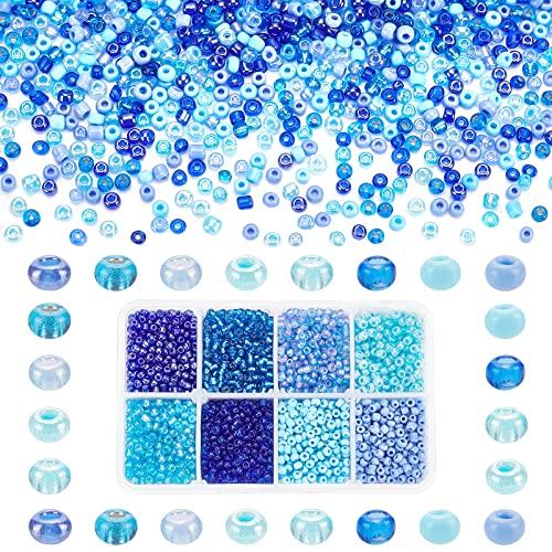 PH PandaHall 3600pcs 3mm Seed Beads, 8/0 Blue Waist Beads 8 Colors Ocean Sea Blue Friendship Craft Beads Small Pony Bead Mini Spacer Bead for Friendship Bracelet Making Summer Seaside Beading Weaving