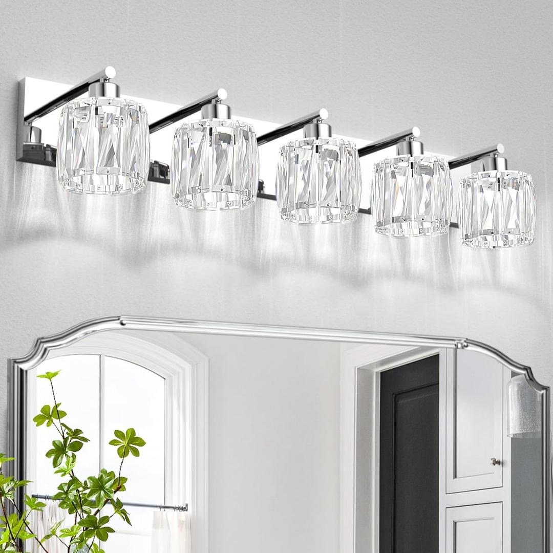 VOLISUN Crystal Vanity Lights - 5 Light Modern Stainless Steel & Chrome Bathroom Light Fixtures Over Mirror - UL Certificated (Exclude Bulb) (5 Light, Chrome)