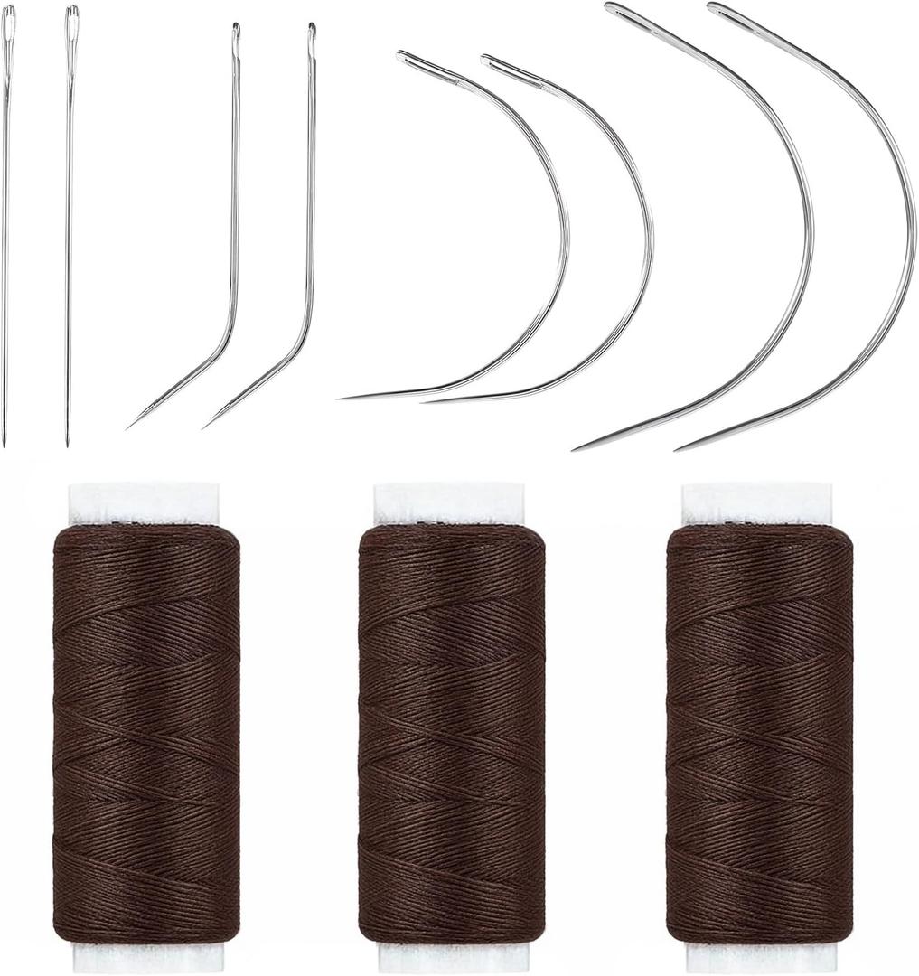 Hair Needle and Thread Set for Weaving, Hair Extension Tools Professional Sewing Threads and Needles Set, Brown Thread with 8pcs Needles for Sewing Hairs Weave Extension Making Wig