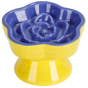 S&Q's CERAMICS Raised Slow Feeder Cat Bowl, Ceramic Elevated and Titled Pet Food Bowl, Small Dogs Slow Feeder, Flower Shaped Dish for Dry and Wet Food (Blue, 5.8")