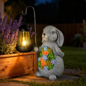 Solar Rabbit Garden Statue with Lantern Waterproof Resin Outdoor Decor for Yard, Lawn, Patio, Garden Gift for Easter, Christmas, Housewarming Solar Garden Decor