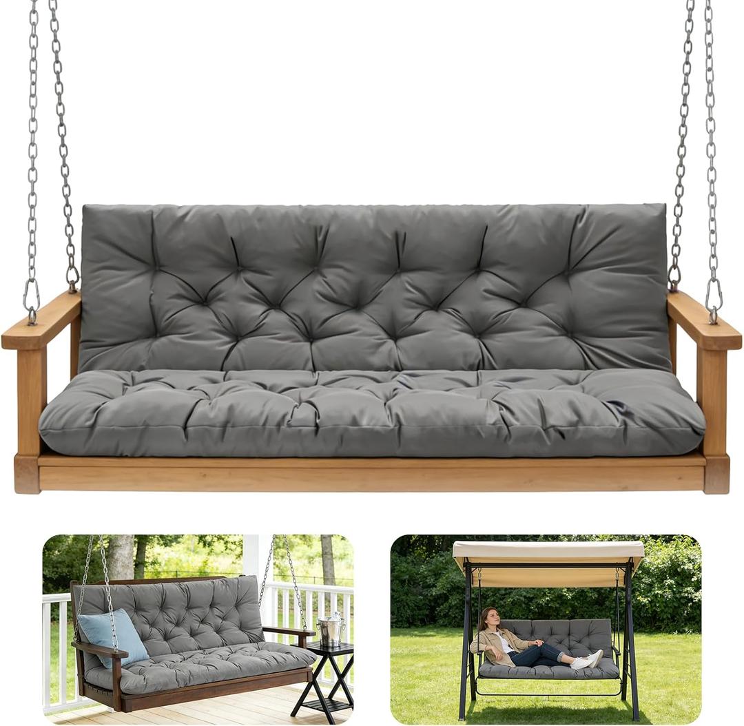 Porch Swing Cushions,Outdoor Cushions 3 Seater Replacement with Backrest, Waterproof Thickened Bench Cushion with Ties for Porch, Patio,Outdoor, Backyard and Garden (Light Gray 60 * 40 in), 60x 40 inches