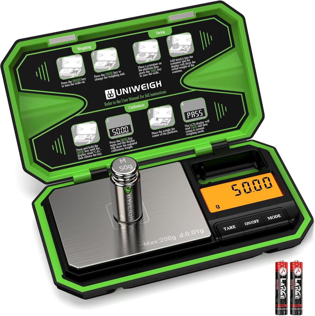 Digital Pocket Scale 200g/0.01g, Digital Scale Grams, Jewelry Scale,Coins Scale with 50g Cal Weights for Powder,Small Items,Tea,Jewelry,Coins (Battery Included)-Fluorescent Green