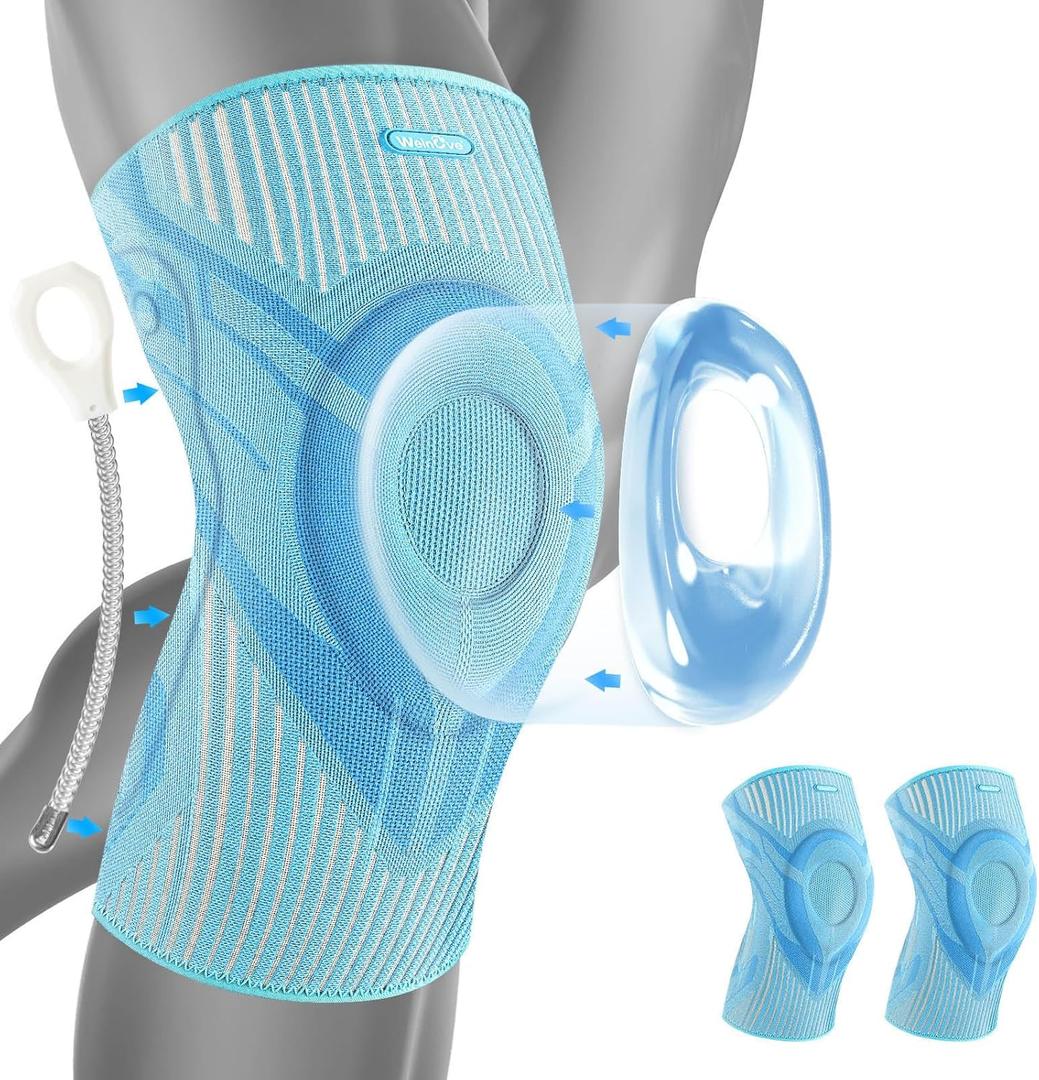Welnove Knee Brace Sleeves for Pain Relief - Compression Knee Support with Side Stabilizers & Patella Gel Pad for Women, Men - Ideal for Workout, Joint Pain, Runner, Climbing - (2 Pack Blue) (Medium)