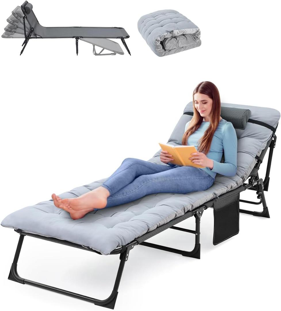 Sportneer Sleeping Cots for Adults: 5-Angle Adjustable Folding Bed with Thick Mattress - 450lbs Max Load Padded Camping Cot with Easy Setup & Takedown for Outdoor Travel Sleep Over, Size 76''x27''