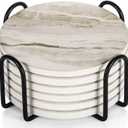 LIFVER Coasters Set of 6, Coasters for Drinks Absorbent Stone with Holder, Black Marble Style Ceramic Drink Coaster for Tabletop Protection, Coffee Table Decor Ideal for Home Decor House Warming Gifts