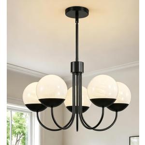 Epinl Modern Black Chandelier for Dining Room, 5 Light Globe Sputnik Chandelier, Mid Century Ceiling Light with White Glass Pendant Light Fixtures for Dining Room Kitchen Living Room Bedroom