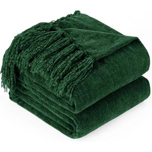 Chenille Throw Blanket for Couch with Tassels,60"X80" Soft Cozy Lightweight Knitted Boho Decorative Blankets for Bed and Sofa,Dark Green
