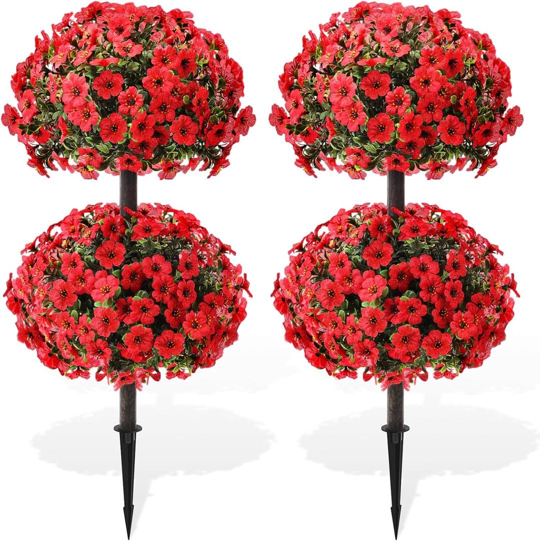 Daifunli 28 Inch Set of 2 Artificial Flowers Topiary Tree Double Ball Boxwood with Spikes for Outdoor UV Resistant Faux Shrubs, Realistic Fake Bushes for Garden Front Porch Patio Decor(Red)