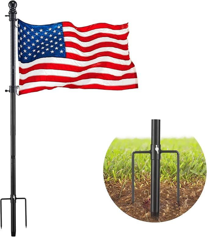 Flag Pole Kit for Outside House in Ground - 8FT Black Metal Outdoor House Yard Garden Flag Pole with 2 Pronges Base - Stainless Steel 3x5FT American Flag with Pole Residential Commercial