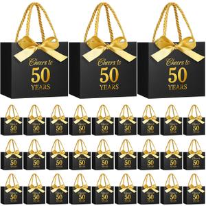 Moinchore 30 Pcs Black Gold 50 Birthday Paper Gift Bags Bulk 5.5 x 4.7 x 2.5 in Mini Cheers to 50 Years Favor Bags with Handles Bow Ribbon Wrap for Birthday Anniversary Wedding Day Party Supplies