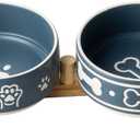 Dafuceramic Dog Bowls Set with Stand, 1.5 Cups Ceramic Puppy Bowls for Dogs, Dual Dog Food and Water Bowls with Bone Pattern,Weighted Non-Slip Base (S-1.5 Cups)