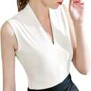 Dilgul Women's Sleeveless V-Neck Tank Top Slim Fit Elegant Dressy Blouse Off-White, 2XL