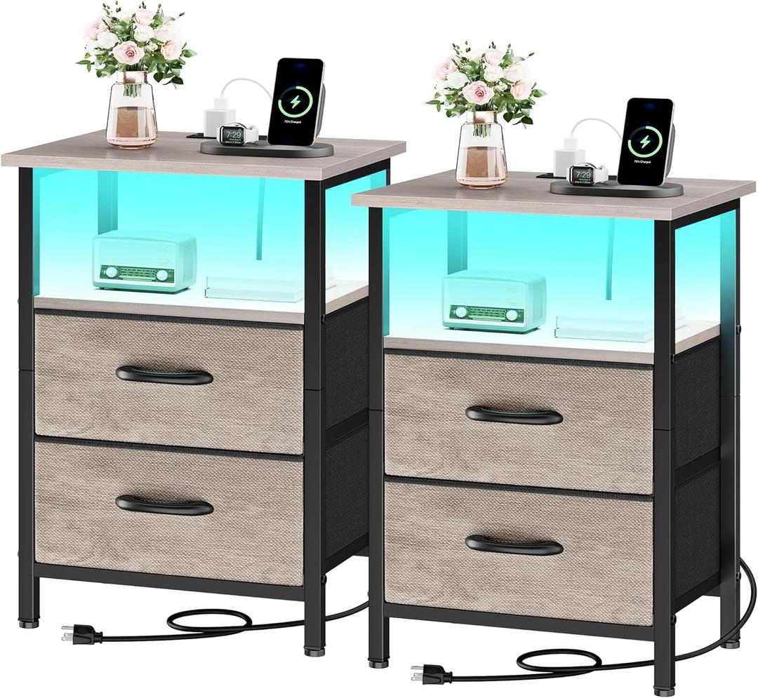 Vagusicc Night Stand Set 2, LED Nightstand with Charging Station, Bedside Table with USB Ports & Outlets, 24.2" Tall End Table with open Shelf, Bed Side Table with 2 Fabric Drawers for Bedroom, Greige