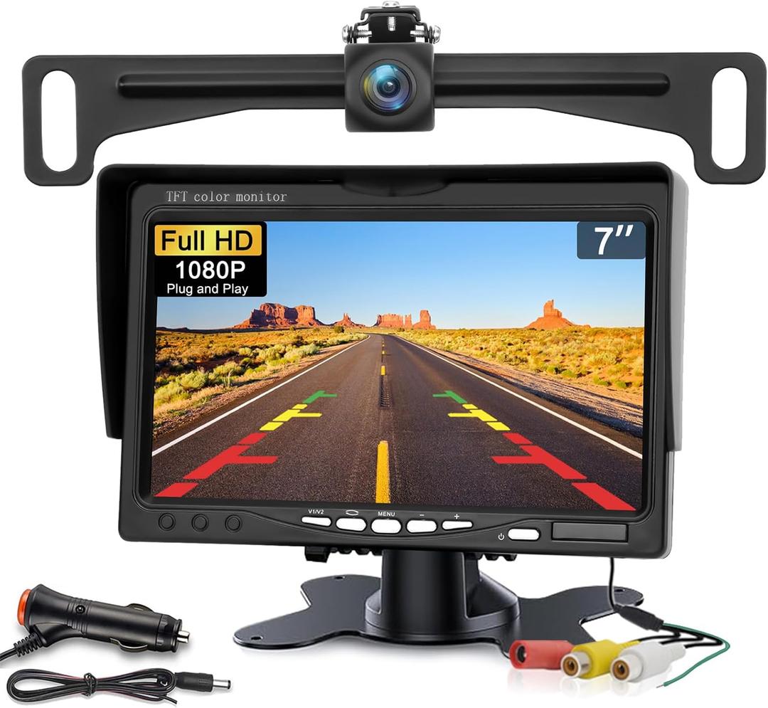 Kairiyard License Plate Backup Camera with 7 Inch Monitor, HD 1080P Reverse Camera Waterproof DIY Grid Lines No-Delay Wired Rear View Camera System for Truck Car SUV