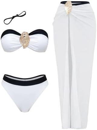 Women's Strapless Bandeau Swimsuits with Cover up Set Beach Wrap Skirt Cheeky Retro Bikini Set 3 Piece Bathing Suit , Medium