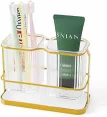 MYLDH Toothbrush Holders for Bathrooms, Toothbrush Holder Wall Mounted, Kitchen Utensil Holder, 2 Cups Dry & Wet Separation, Kitchen Bathroom Tooth Brush Holder Organizers and Storage (White Gold)