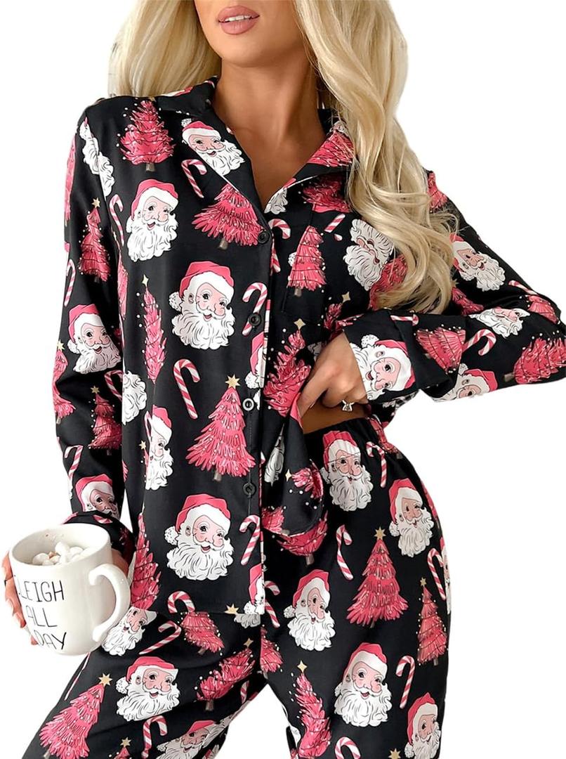 Ecosunny Valentines Day Pajama Set Women's Long Sleeve Sleepwear Soft Loungewear Two Piece Button Down Pjs Lounge Set (Black, L)