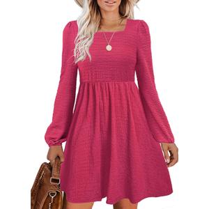 Womens Babydoll Dresses Square Neck Long Sleeve Knee Length Flowy Swing Shirring Mini Dresses Fall Dress (Medium, Hot Pink)