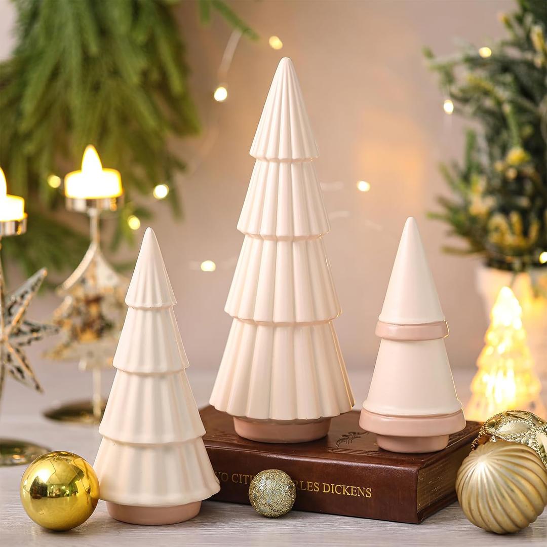 Pinkunn 3 Pcs Neutral Christmas Tree Figurines,Minimalism Resin Christmas Tree Ornament Tabletop,Modern Matte Xmas Trees Table Centerpiece for Home Winter Mantel Indoor Holiday Decoration(Beige)