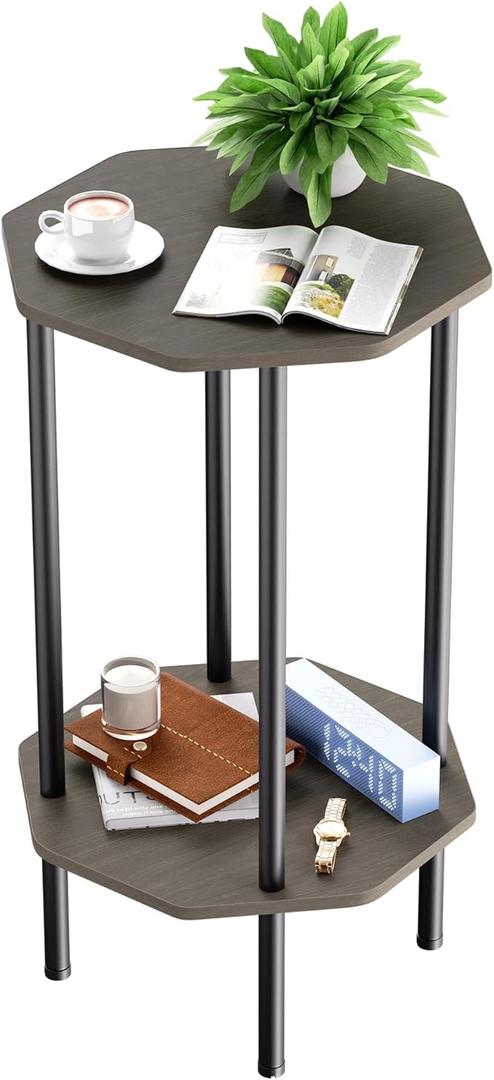 QLHousesuoH Side Table, Octagonal End Table for Small Spaces, Nightstand with 2 Storage Shelves, Small Table Stand for Bedroom, Living Room, Outdoor Balcony(Gray)