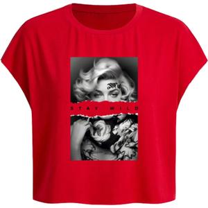 WDIRARA Women's Graphic Print Cap Sleeve Crop Top Crewneck Short Sleeve Tee Y2k T Shirt, Size S (Red)