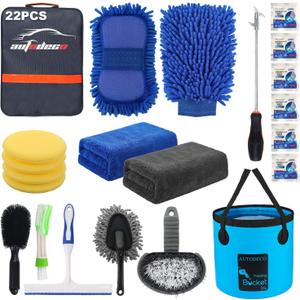 AUTODECO 22Pcs Car Wash Cleaning Tools Kit Car Detailing Set with Blue Canvas Bag Collapsible Bucket Wash Mitt Sponge Towels Tire Brush Window Scraper Duster Complete Interior Car Care Kit