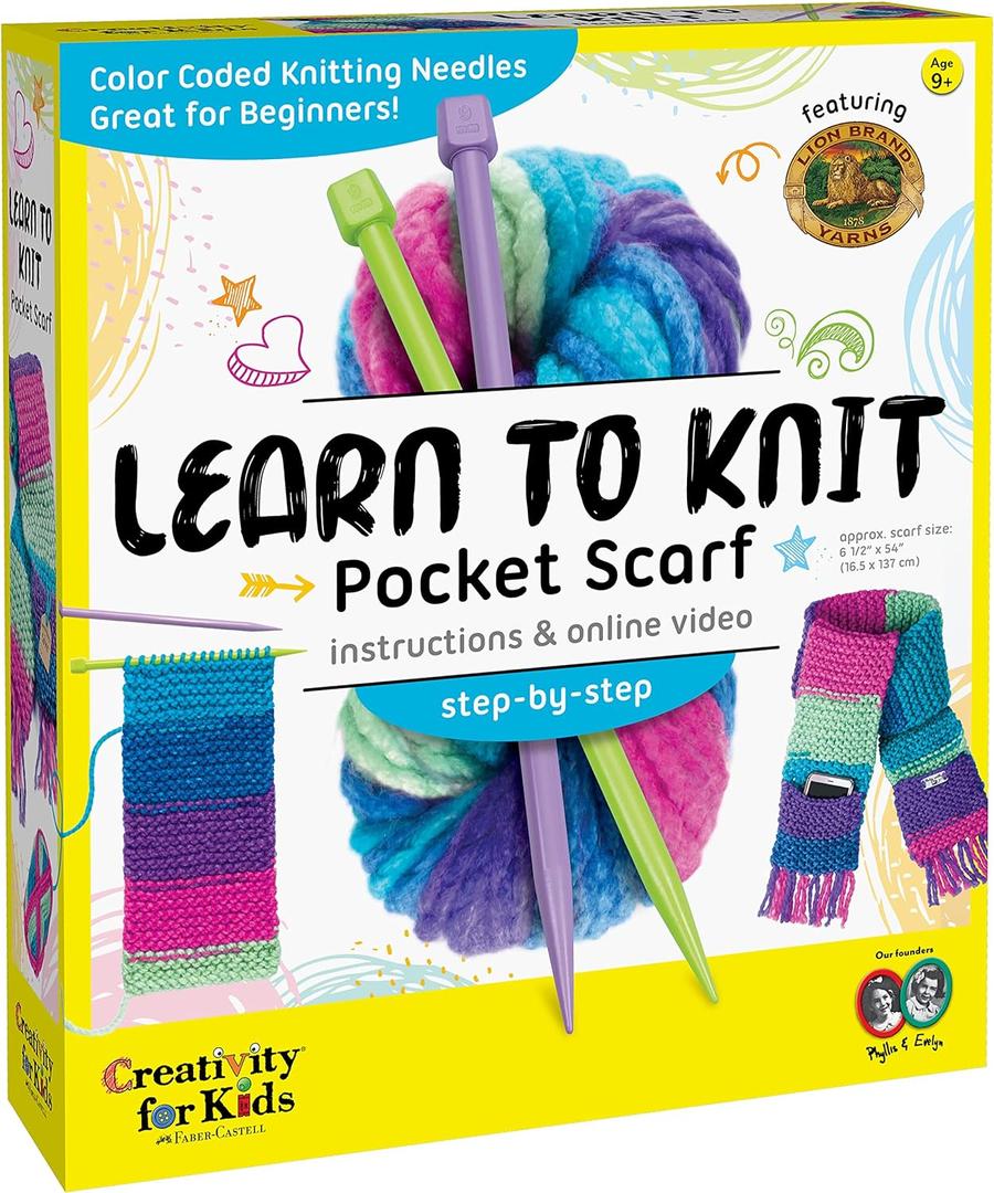 Creativity for Kids Learn to Knit Pocket Scarf Kit | Learn to Knit a Cozy, Functional Scarf with a Handy Pocket | Relaxing DIY Craft & Mindful Activity for Kids (Ages 9+)