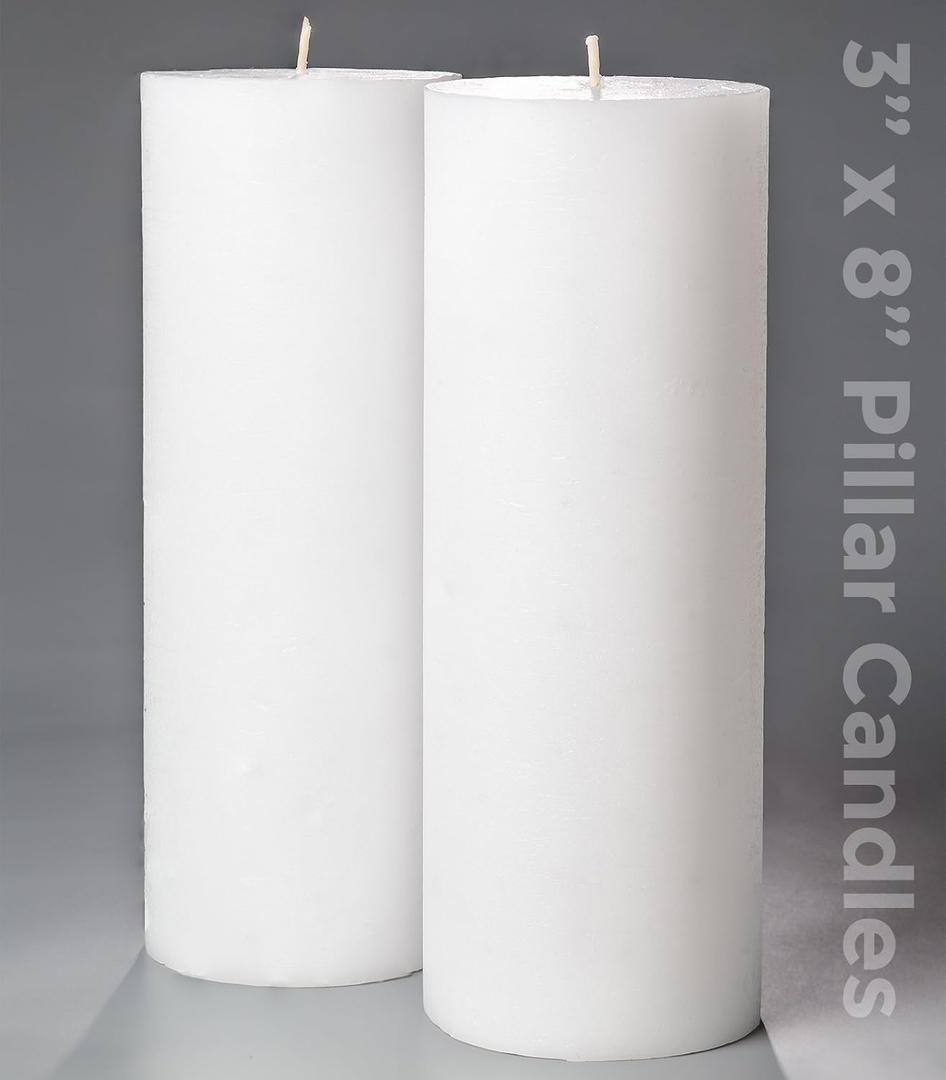 Set of 2 Pillar Candles 3" x 8" Unscented Handpoured Weddings, Home Decoration, Restaurants, Spa, Church Smokeless Cotton Wick - White