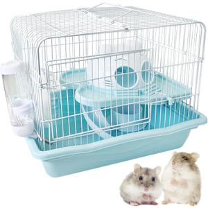PINVNBY Dwarf Hamster Cage, Small Animal Cages, 2-Tier Travel Portable Mouse Cage Hamster Carrier with Castle House Running Exercise Wheels, Water Bottle and Food DisBlue (13.78*10.23*11.02 in)