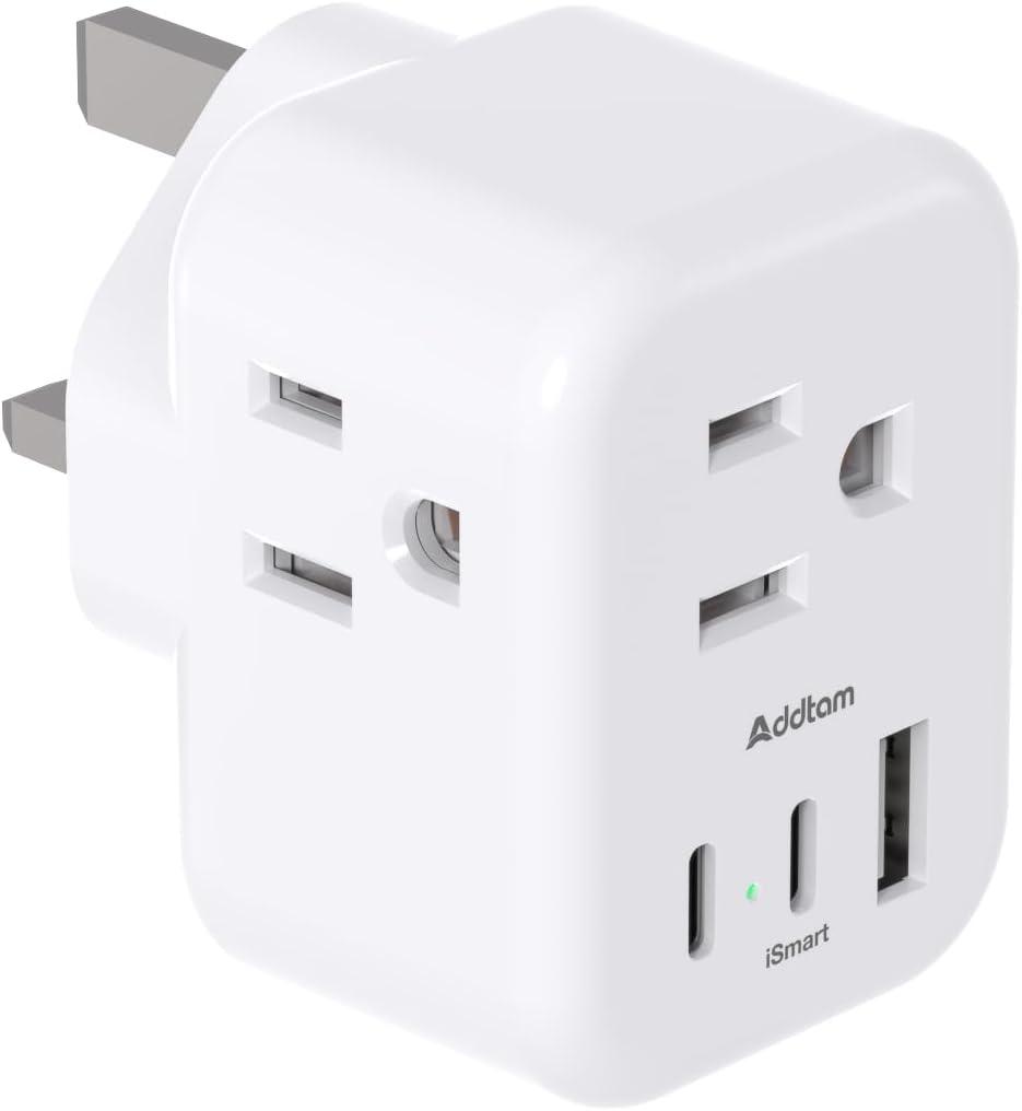 Addtam US to UK Ireland Travel Plug Adapter, Type G Power Plug Adapter with 3 Outlets 3 USB Ports(2 USB C), UK Adapters for USA to Dubai England London Scotland British Kenya Irish Hongkong, 2 Pack